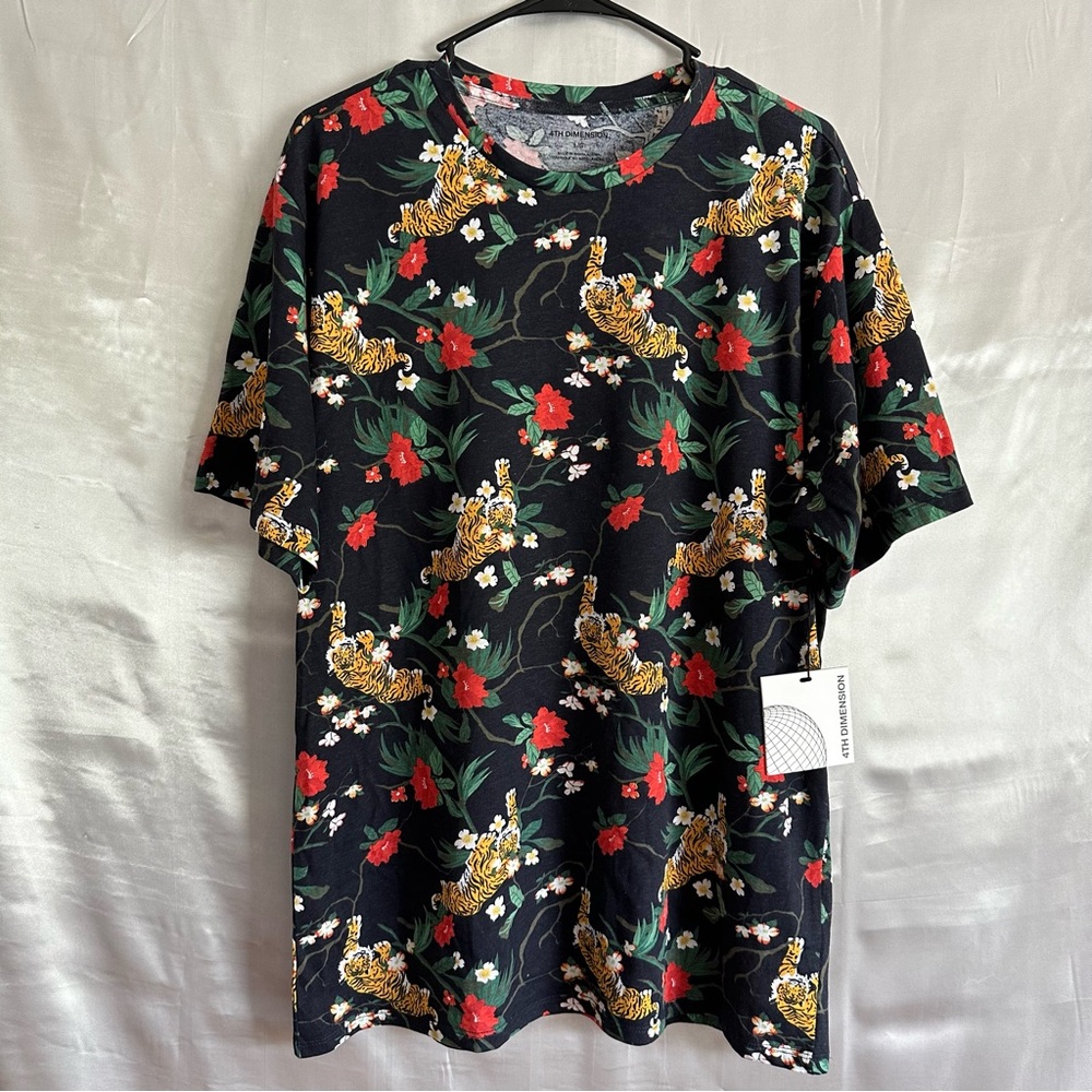 4th Dimension Crewneck Graphic Tiger Floral T Shirt Mens Size L